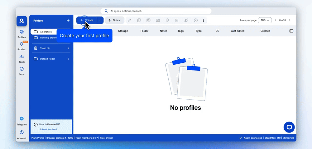 Процесс создания профиля в Multilogin